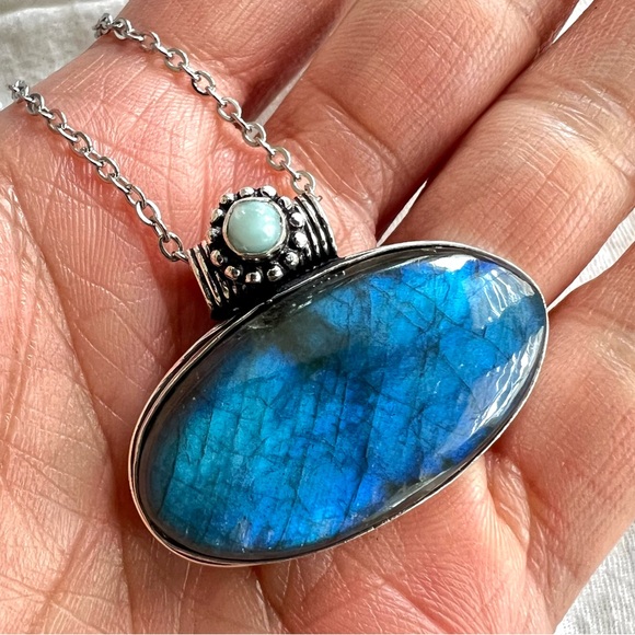 925 Royal BLUE Flash Labradorite + Larimar Pendant Necklace - Picture 6 of 8